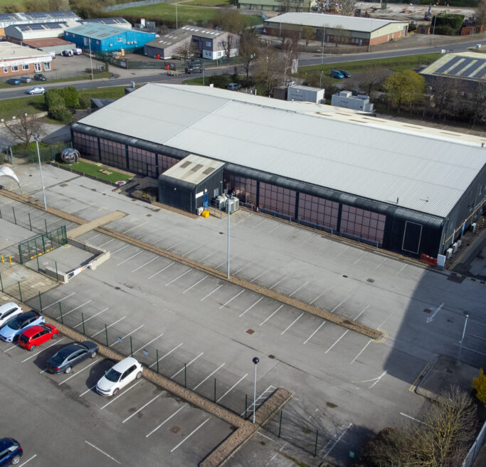 Brunel Drive warehouse drone shot side