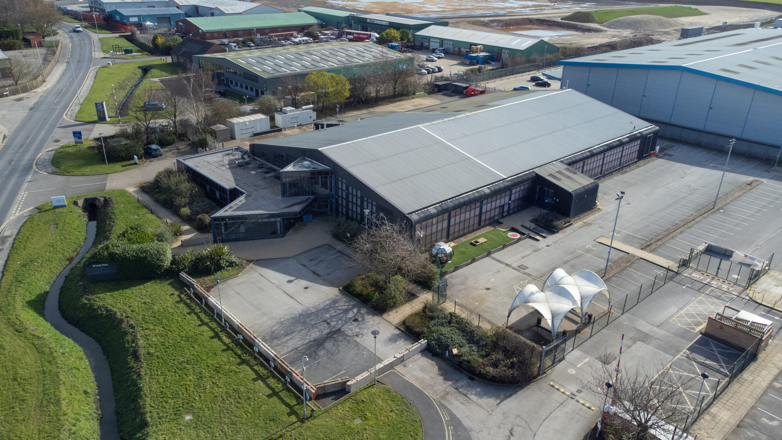 Brunel Drive drone shot warehouse